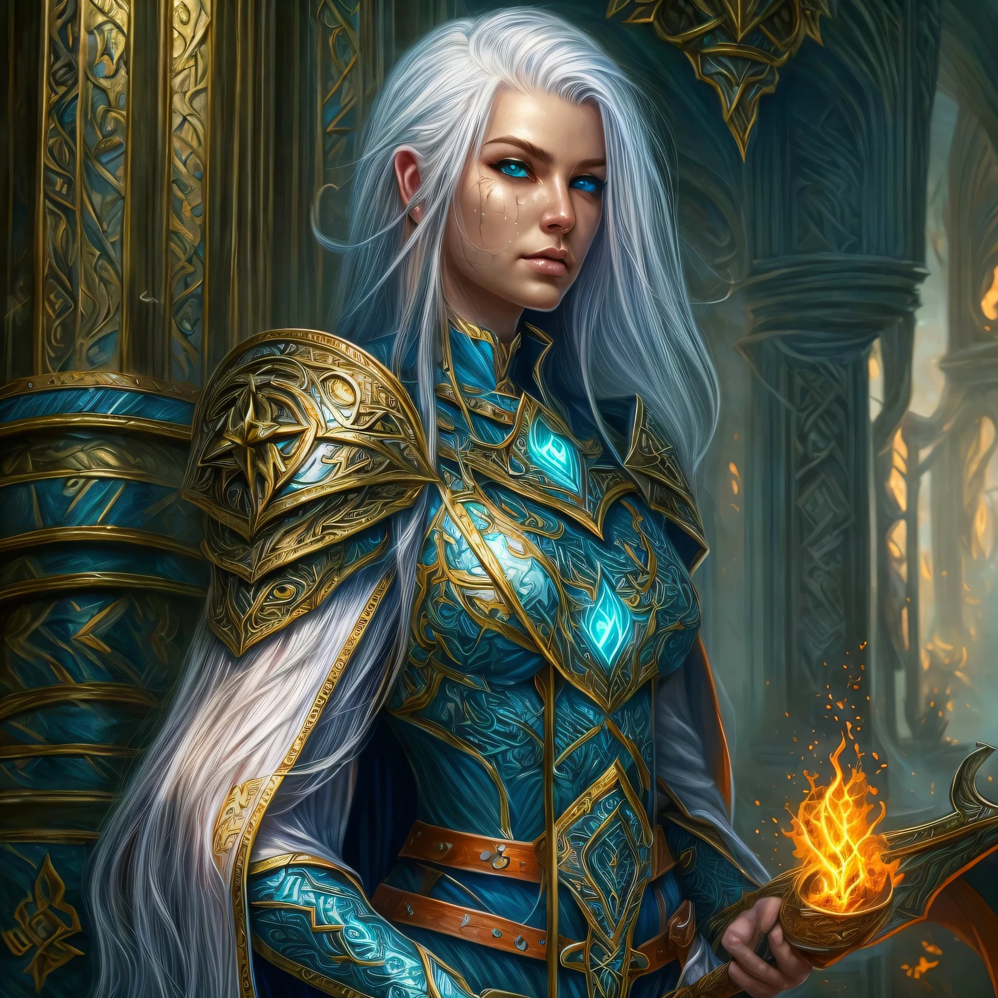 fantasy art, dnd art, RPG art, wide shot, (masterpiece: 1.4) portrait, intense details, highly detailed, photorealistic, best quality, highres, portrait a vedalken female (fantasy art, Masterpiece, best quality: 1.3) ((blue skin: 1.5)), intense details facial details, exquisite beauty, (fantasy art, Masterpiece, best quality) cleric, (blue skin: 1.5) blue skinned female, (white hair: 1.3), long hair, intense green eye, fantasy art, Masterpiece, best quality) armed a fiery sword red fire, wearing heavy (white: 1.3) half plate mail armor CM-Beautiful_armor wearing high heeled laced boots, wearing an(orange :1.3) cloak, wearing glowing holy symbol GlowingRunes_yellow, within fantasy temple background, reflection light, high details, best quality, 16k, [ultra detailed], masterpiece, best quality, (extremely detailed), close up, ultra wide shot, photorealistic, RAW, fantasy art, dnd art, fantasy art, realistic art,