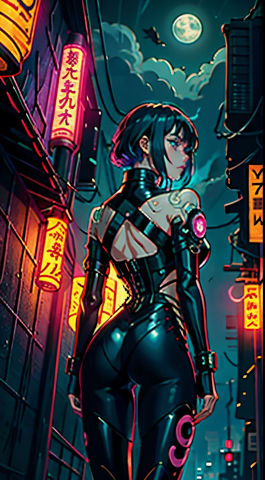 1Garota, Sozinho, Garota, Roupa Futurista, neon samurai, very beautiful Ciberpunk samurai, Ciberpunk samurai, estilo de lâmina fantasma, Ciberpunk victo ngai style, Ciberpunk neon style, ciberpunc, Ciberpunk neon, tecnomante, personagem de videogame, imagem de onda sintética, Ciberpunk, brilho de néon de arte conceitual, lua, lanterna, noite, Sozinho, ar livre, céu, full lua, chuva, Montanha, Nuvem,  lanterna, noite céu, franja,  árvore, reflexão, Nuvemy céu, {{(obra de arte),(papel de parede extremamente detalhado da unidade CG 8k),melhor qualidade,Sozinho,iluminação cinematográfica,fundo detalhado,beautiful olhos detalhados,pupilas brilhantes,(extremamente delicado e lindo),(Descrição bonita e detalhada dos olhos),Ultra-detalhado,obra de arte,}}, olhos detalhados, Olhos lindos, olhos realistas, Olhos lindos, olhos perfeitos, vista traseira, (Raios anamórficos, chuva)