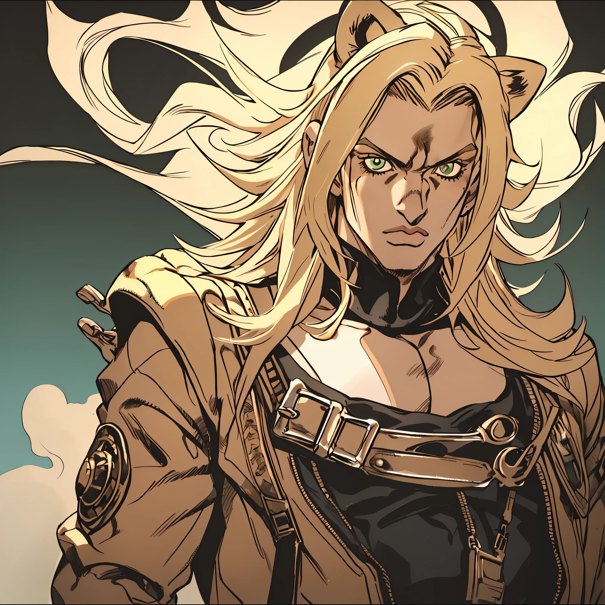 ((Hirohiko Araki style)), One male, lion ears, long hair, blond, blond hair, green eyes, tall, muscular, bomber jacket, beautiful face, ((highest quality)), ((masterpiece)), 2d, ((anime)), (perfect face), ((highest detail)), feline eyes, stubble, lion tail, wavy hair, cowboy shot, detailed face, intricate details, (city background), ((solo)),