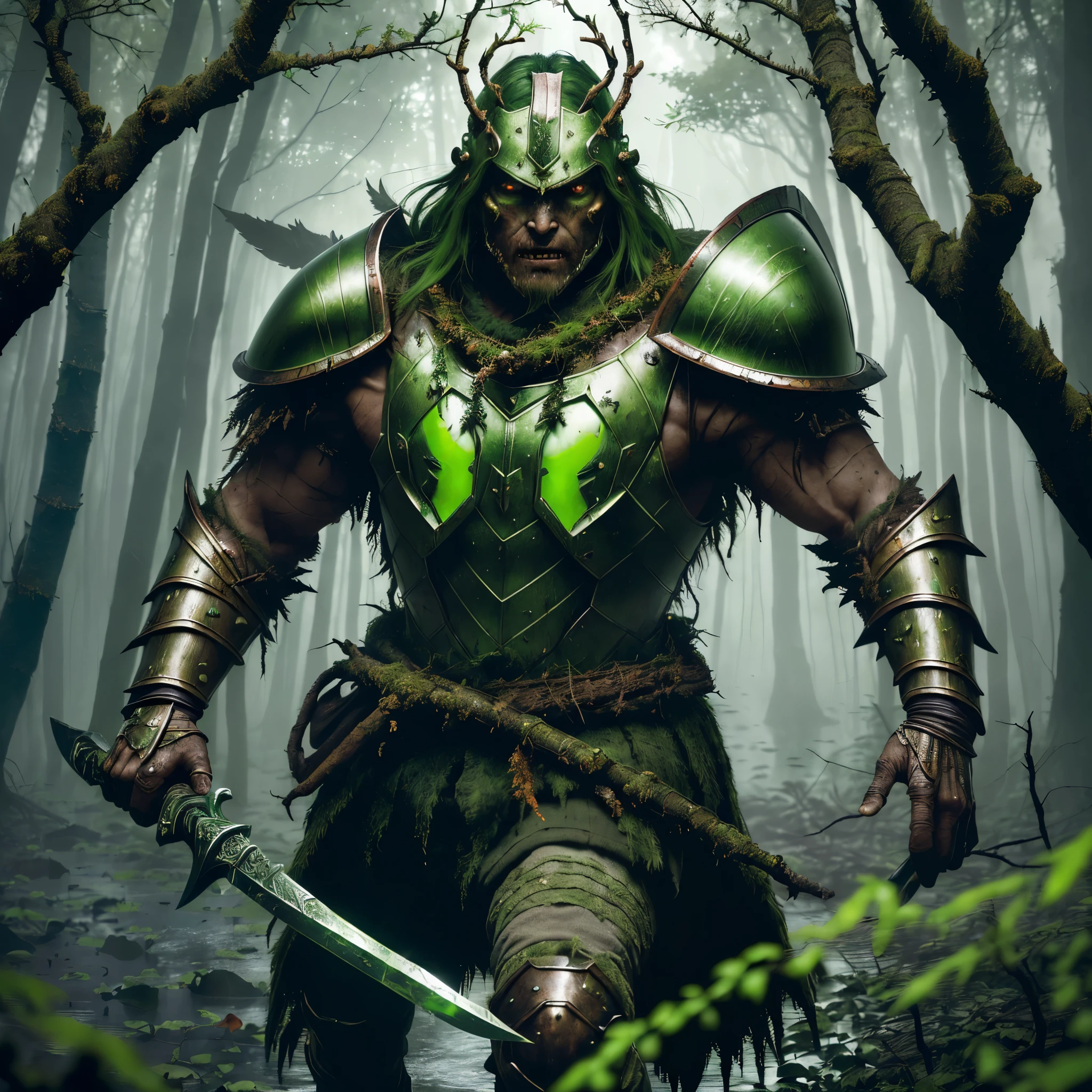 (Best Quality, 8K, Masterpiece, Ultra HD: 1.3, Huge detail, 35mm, sharp, hyper realistic, epic scale, insane level of details, very detailed eyes and face, detailed eyes), (half-light, twilight, misty swamp forest), (anthropomorphic male draugr walking through a mystical swampy forest at distance), ((old rusty double blade battle axe in hands, round shield made of branches, armor and helmet made of branches and bark)), (dark green hair, brown skin, green glowing eyes with green smoke emanates, anthropomorphic face)