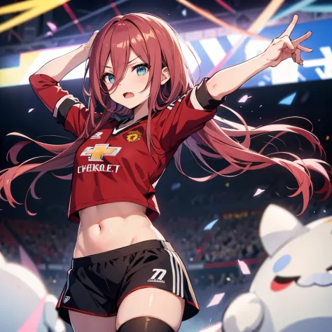 Miku nakano in a Manchester United jersey and thigh high socks with her arms open and angry
