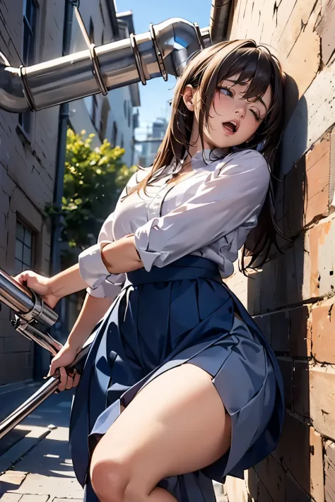 drooping eyes, ecstasy, sleepy face, (((hit her crotch against the pipe))), (((hide crotch with a long skirt))), open legs, orgasm, outside,