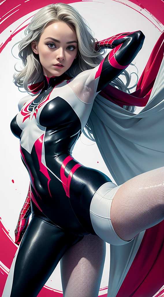 spider gwen, Hot, partial , hightquality, Dynamic Poses, Beautiful, Gorgeous, In love,Short suit, spider in a suit, white black red suit、Olivia Wilde