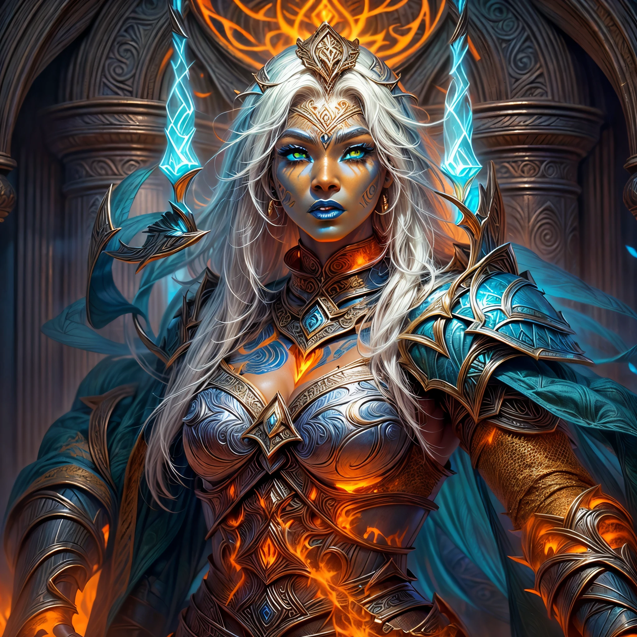 fantasy art, dnd art, RPG art, wide shot, (masterpiece: 1.4) portrait, intense details, highly detailed, photorealistic, best quality, highres, portrait a vedalken female (fantasy art, Masterpiece, best quality: 1.3) ((blue skin: 1.5)), intense details facial details, exquisite beauty, (fantasy art, Masterpiece, best quality) cleric, (blue colored skin: 1.5) 1person blue_skin, blue skinned female, (white hair: 1.3), long hair, intense green eye, fantasy art, Masterpiece, best quality) armed a fiery sword red fire, wearing heavy (white: 1.3) half plate mail armor CM-Beautiful_armor wearing high heeled laced boots, wearing an(orange :1.3) cloak, wearing glowing holy symbol GlowingRunes_yellow, within fantasy temple background, reflection light, high details, best quality, 16k, [ultra detailed], masterpiece, best quality, (extremely detailed), close up, ultra wide shot, photorealistic, RAW, fantasy art, dnd art, fantasy art, realistic art,