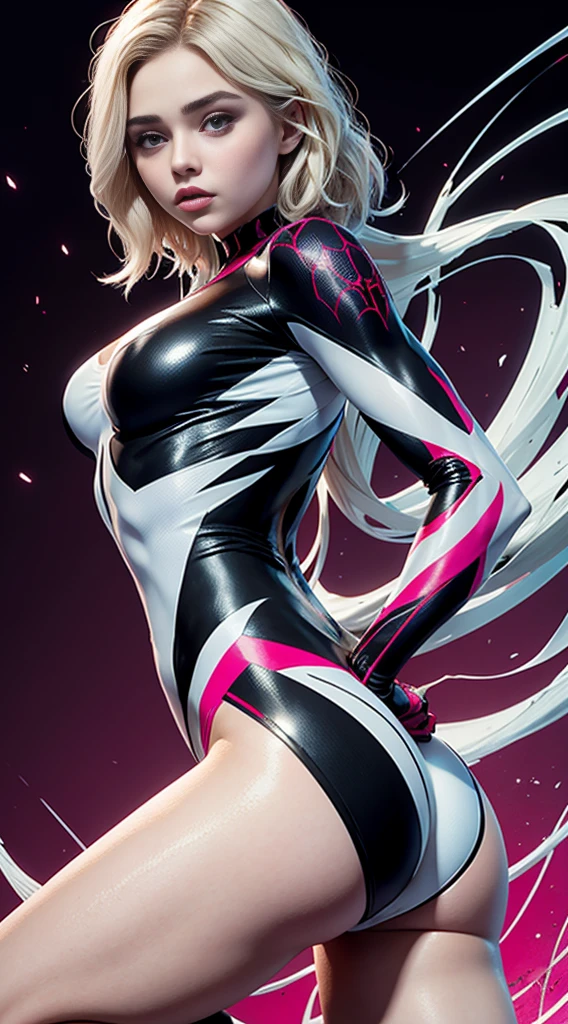 spider gwen, Hot, partial , hightquality, Dynamic Poses, Beautiful, Gorgeous, In love,Short suit, spider in a suit, white black red suit、chloë grace moretz