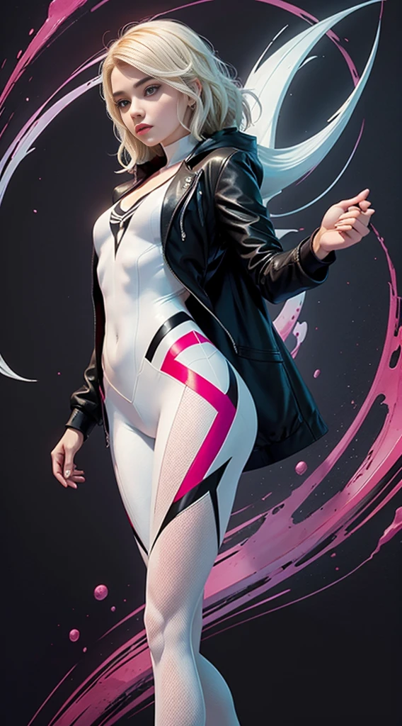 spider gwen, Hot, partial , hightquality, Dynamic Poses, Beautiful, Gorgeous, In love,Short suit, spider in a suit, white black red suit、chloë grace moretz