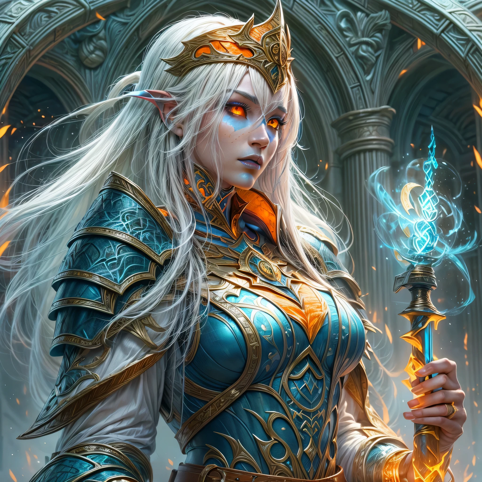 fantasy art, dnd art, RPG art, wide shot, (masterpiece: 1.4) portrait, intense details, highly detailed, photorealistic, best quality, highres, portrait a vedalken female (fantasy art, Masterpiece, best quality: 1.3) ((blue skin: 1.5)), intense details facial details, exquisite beauty, (fantasy art, Masterpiece, best quality) cleric, (blue colored skin: 1.5) 1person blue_skin, blue skinned female, (white hair: 1.3), long hair, intense green eye, fantasy art, Masterpiece, best quality) armed a fiery sword red fire, wearing heavy (white: 1.3) half plate mail armor CM-Beautiful_armor wearing high heeled laced boots, wearing an(orange :1.3) cloak, wearing glowing holy symbol GlowingRunes_yellow, within fantasy temple background, reflection light, high details, best quality, 16k, [ultra detailed], masterpiece, best quality, (extremely detailed), close up, ultra wide shot, photorealistic, RAW, fantasy art, dnd art, fantasy art, realistic art,