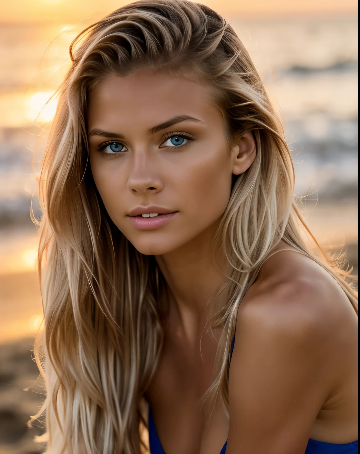模特兒的照片, 自然光, 專業的, (4K 照片:1.1) (銳利的焦點:1.3), 高細節, 美麗細緻的臉, 淡褐色的眼睛, 金色的長髮, (有魅力的年輕女人:1.3), (誘人的:1.1), (臉紅:1.1), 沙漏型身材, 一個女孩, 穿藍色衣服, (坐在沙灘上看日落),(全身).