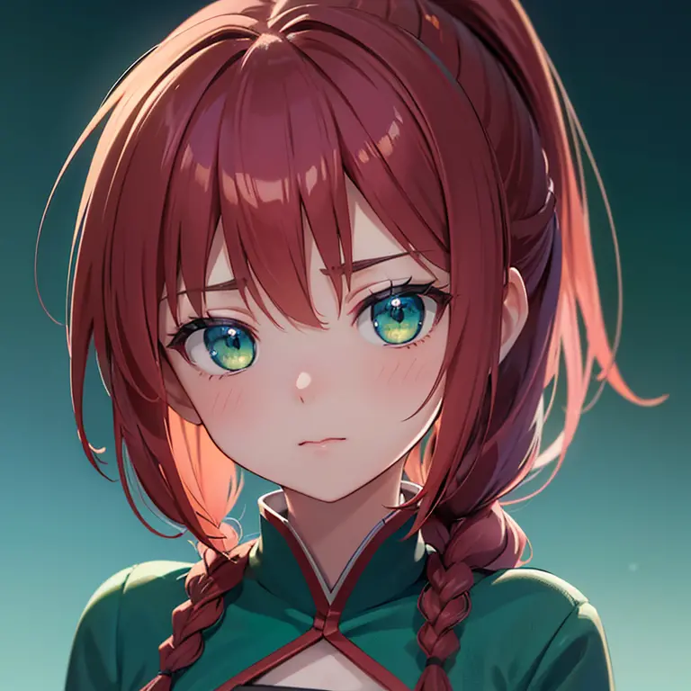 anime, hda, a close up of a woman with ((red braided low ponytail hair)) and (((the most beautiful green eyes))) in (((blue outf...