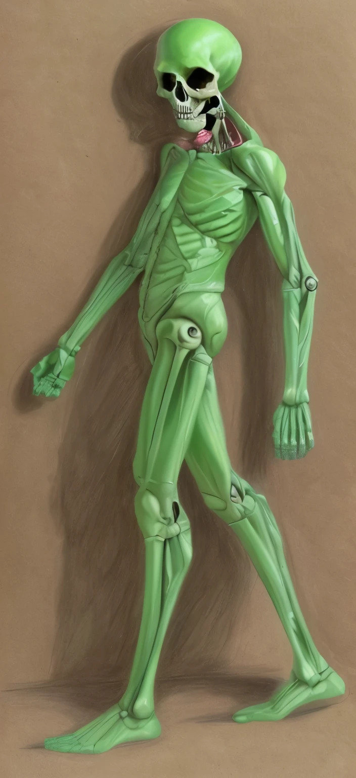 a close up of a drawing of a green skin man with a skeleton head, human figure, anatomical figure, the other a skeletal figure, anthropomorphic humanoid, human physique study, skeletal male figure, green disfigured figure, human form, green man, art study of a body, man standing, anthropomorphic _ humanoid, detailed humanoid