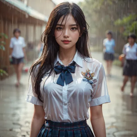 realistic art, there is a woman large breast in a indonesian school uniform standing in the rain, wet used shirt, pretty girl st...