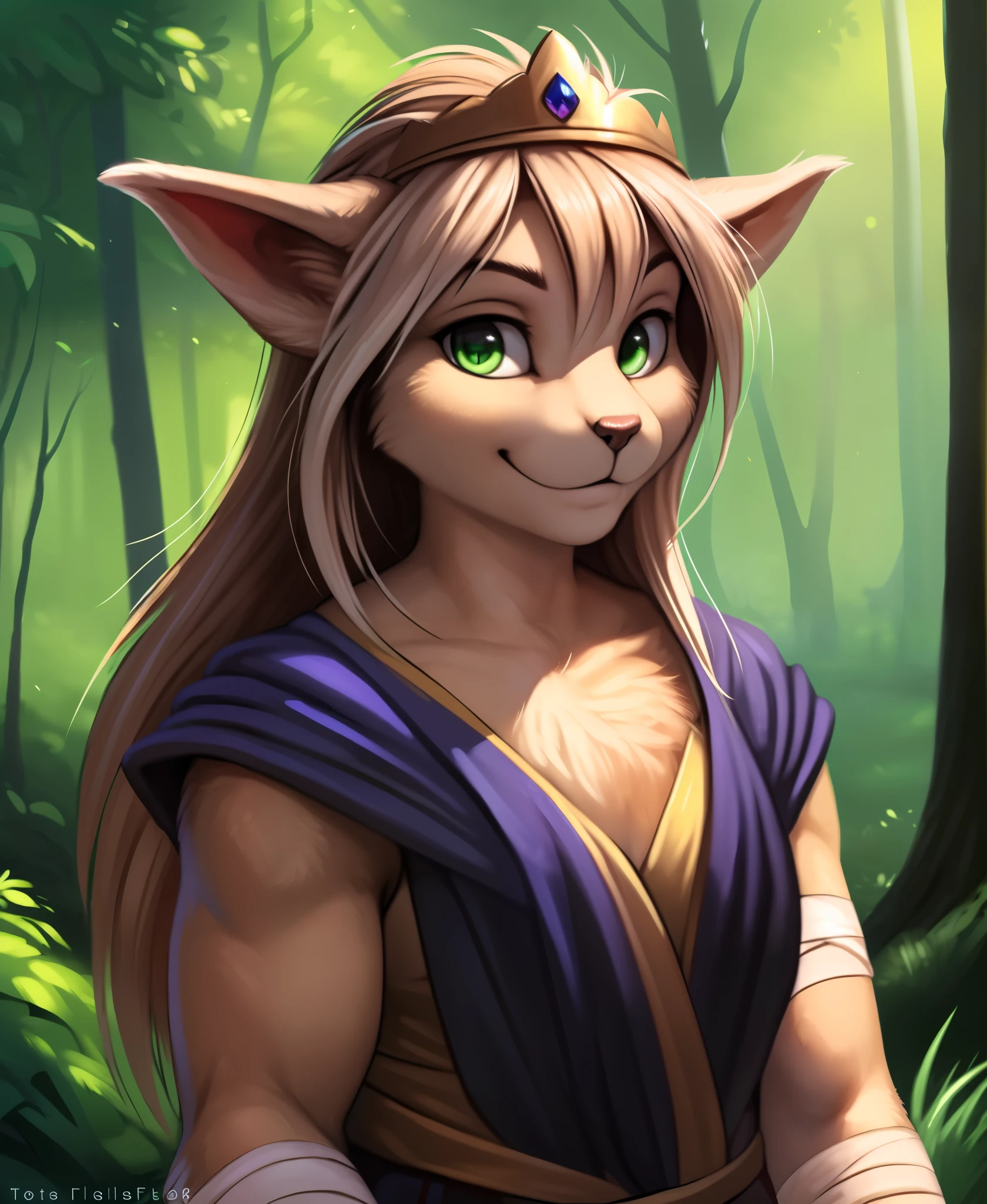 by kenket, by totesfleisch8, (by thebigslick, by silverfox5213:0.8), (by syuro:0.2),, king-adelaide, twokids, (best quality, masterpiece:1), solo, furry female anthro, green eyes, arm wraps, long hair, light brown hair, portrait, fingers, finger claws, looking at viewer, feline tail, strong, muscular, crown, (outdoors dark forest trees blurry blurred background:1.1),