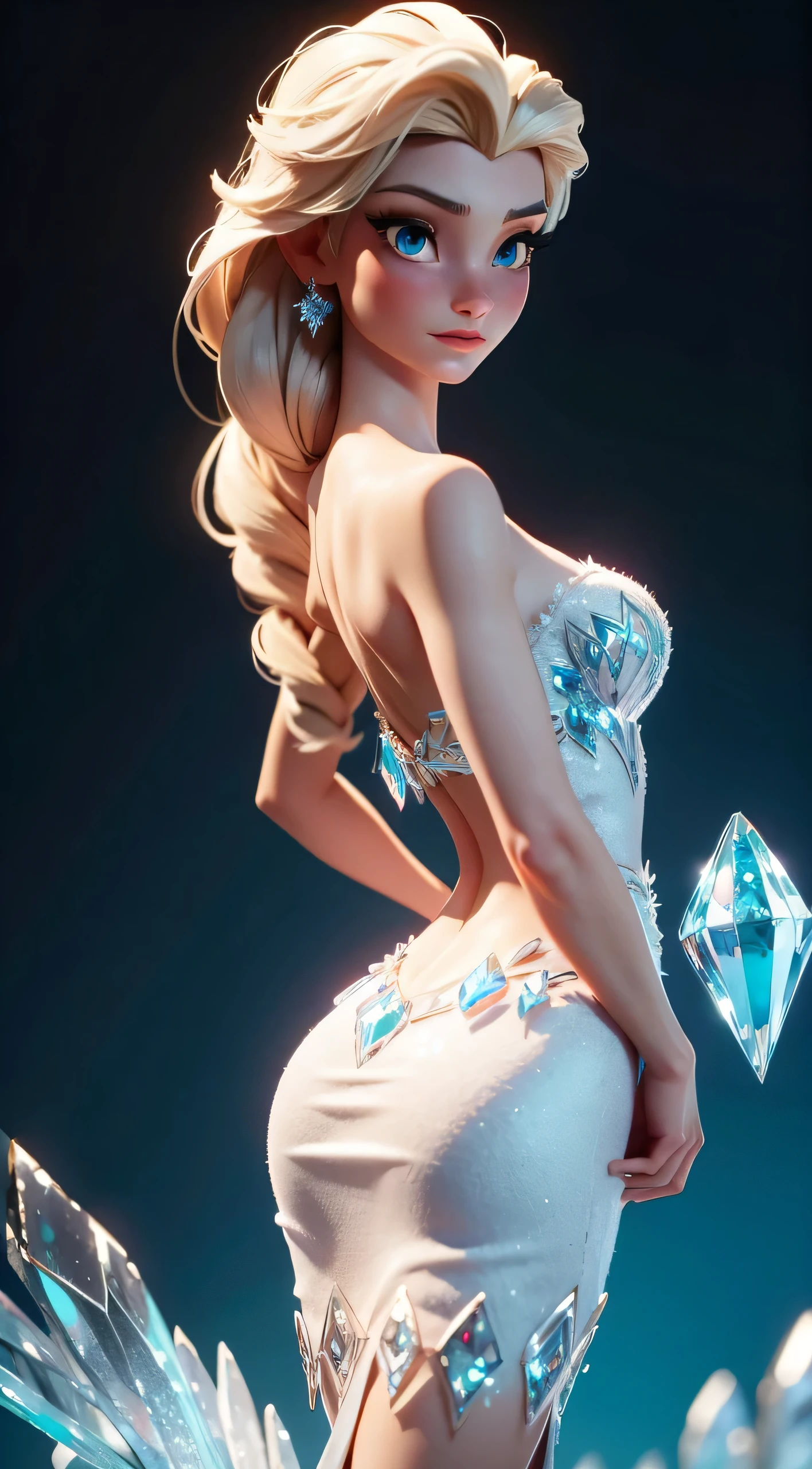 想象艾莎的优雅姿势, 冰晶宝箱冰柜艾尔莎, 她的背部部分拱起, 展现她的蓝钻优雅 (水晶) 《冰雪奇缘》中的连衣裙. 这一场景的灵感来自 LORA 模型 Elsa, 捕捉逼真的 3D 动画之美. 图片为部分背部拱起, 挺胸, 突出艾莎礼服的精致细节和冰雪女王的尊贵姿态. 栩栩如生, 艾莎的表情和姿势传达出一种迷人和优雅的感觉,