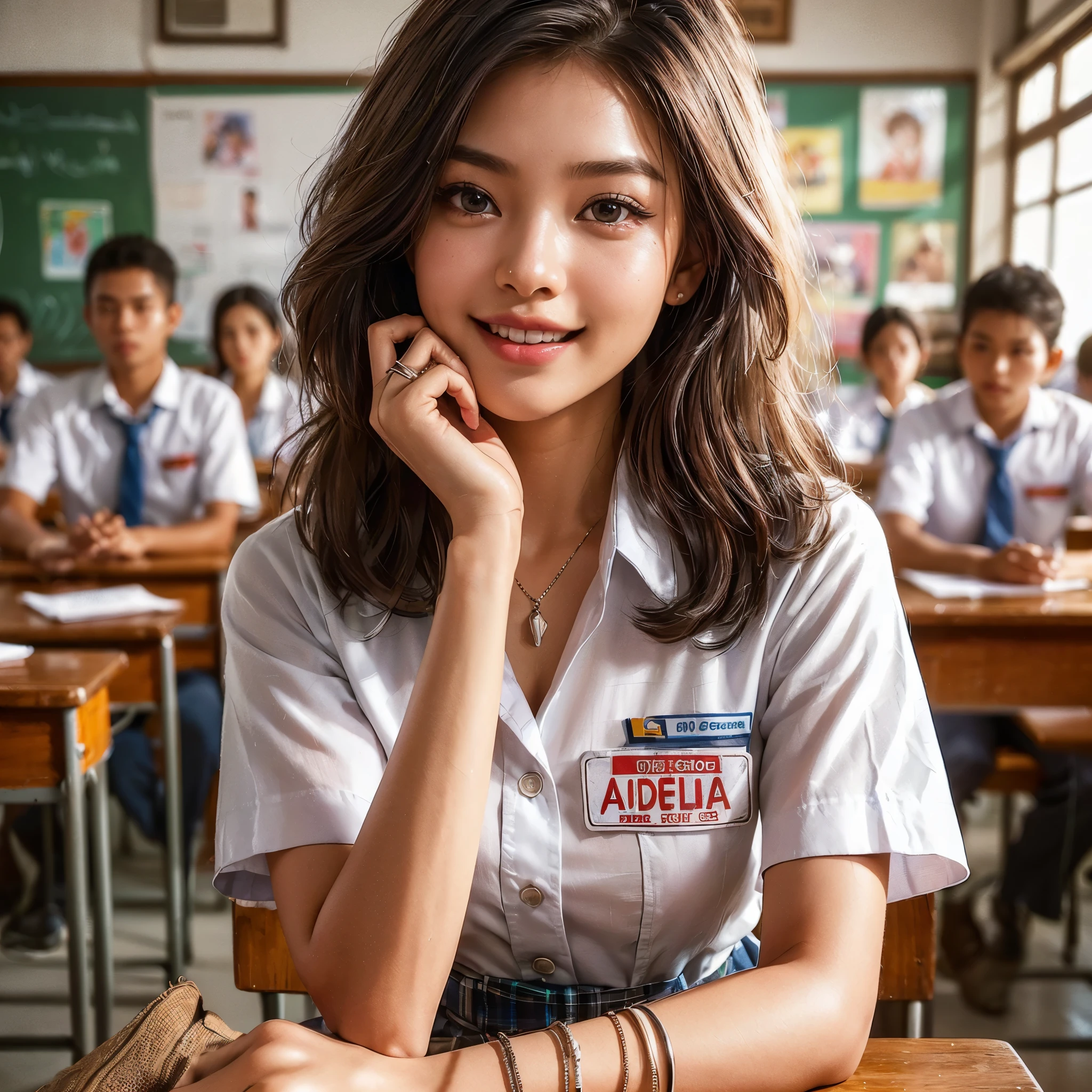 realistic art, there is a woman in a indonesian school uniform, used shirt, pretty girl, girl wearing uniform, sit inside classroom, hand under chin, award winning photo, school girl, beautiful and smiling, shirt has name tag Aidelia, masterpiece, best quality:1.2),,(8k,highres,RAW photo,realistic,photo-realistic:1.3),(detailed skin texture,detailed cloth texture,beautiful detailed face:1.25),professional lighting,photon mapping,beautiful soft light,radiosity,physically-based rendering,raytracing, model shoot style, model shoot style, (extremely detailed CG unity 8k wallpaper), full shot body photo of the most beautiful artwork in the world, (((nsfw))), (((nude))), (((completely naked))), (((nipples)))