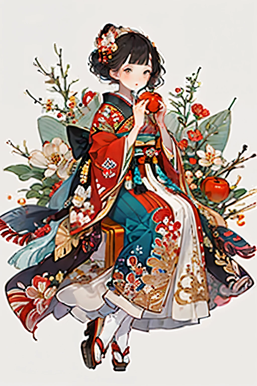 hard disk,1 mature female, Solo, fruit, Japanese dress, food, flower, Kimono, hairaccessories, apple, Holding food, Holding fruit, hair flower, red Kimono, Holding, with floral pattern, Black hair, blush, Wide sleeves, Sitting, Brown eyes, Belt bag, Long sleeves, Bangs, safflower, look at side, Bun, Belt bag, single Bun, look at the audience, print Kimono, Hands up, Short hair