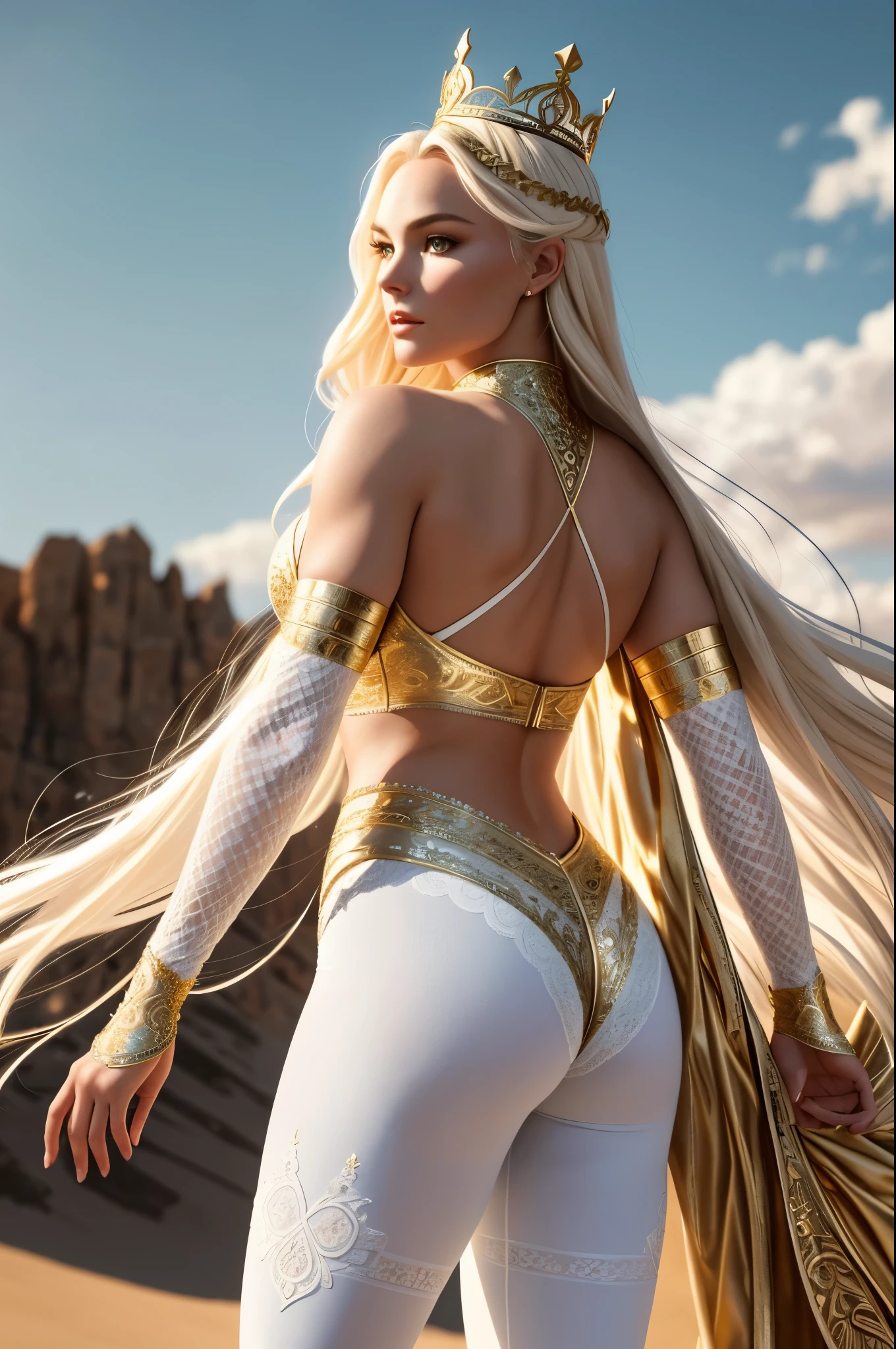 (Best Quality, 8K, Masterpiece, Ultra HD: 1.3, Ultra quality cinematic lighting, Huge detail, Well lit, 35mm, sharp, hyper realistic, epic scale, insane level of details, beautiful detailed girl, very detailed eyes and face, beautiful detailed eyes, ultra detailed skin, realistic skin), ({desert dunes|clouds}), Lindsey Vonn as a MYTHOLOGICAL DIVA in a golden crown, hair floating into the sky, stands with his back, camera films from behind, athletic , smoothly defined musculature, full body perspective, (white tights with complex intricate patterns and lace), (gold matte bra with black complex intricate patterns)