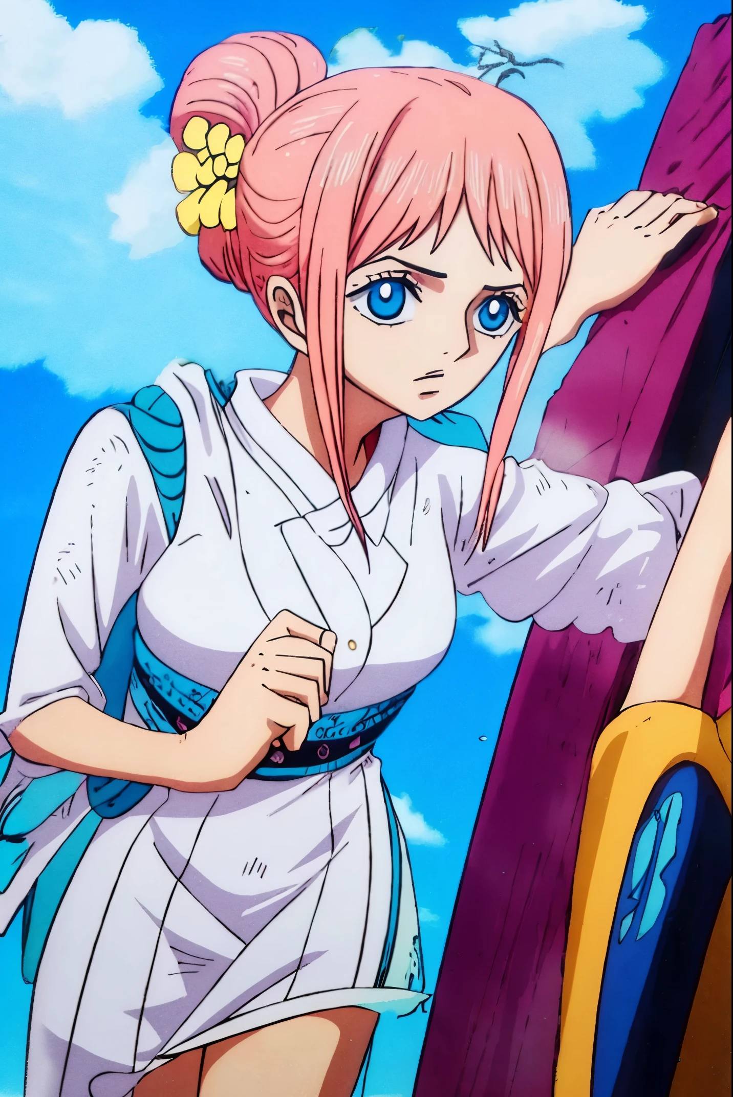 Anime girl with pink hair and blue eyes leaning against a pole - SeaArt AI