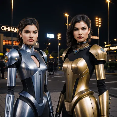 there are two robots that are standing in the street, in detailed steampunk dress, cinematic style photograph, two women, inspir...