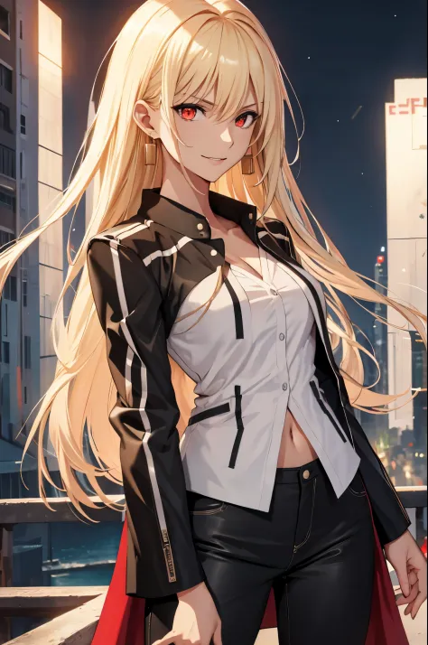 (masterpiece), best quality, expressive eyes, perfect face, highres,  (female body:1.3), gilgamesh girl, GilgameshCasual,1 girl, solo, long hair, Blonde hair, brilliant red eyes, finely eye and detailed face, white shirt, black jacket, open jacket, black p...