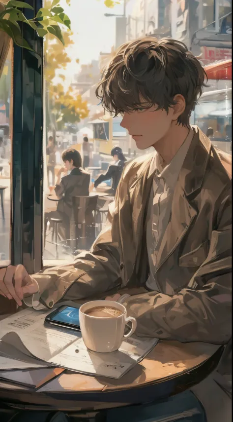 high quality, amount of drawing, pixiv illustration, a scene depicting a handsome young man sitting by the window in an early mo...