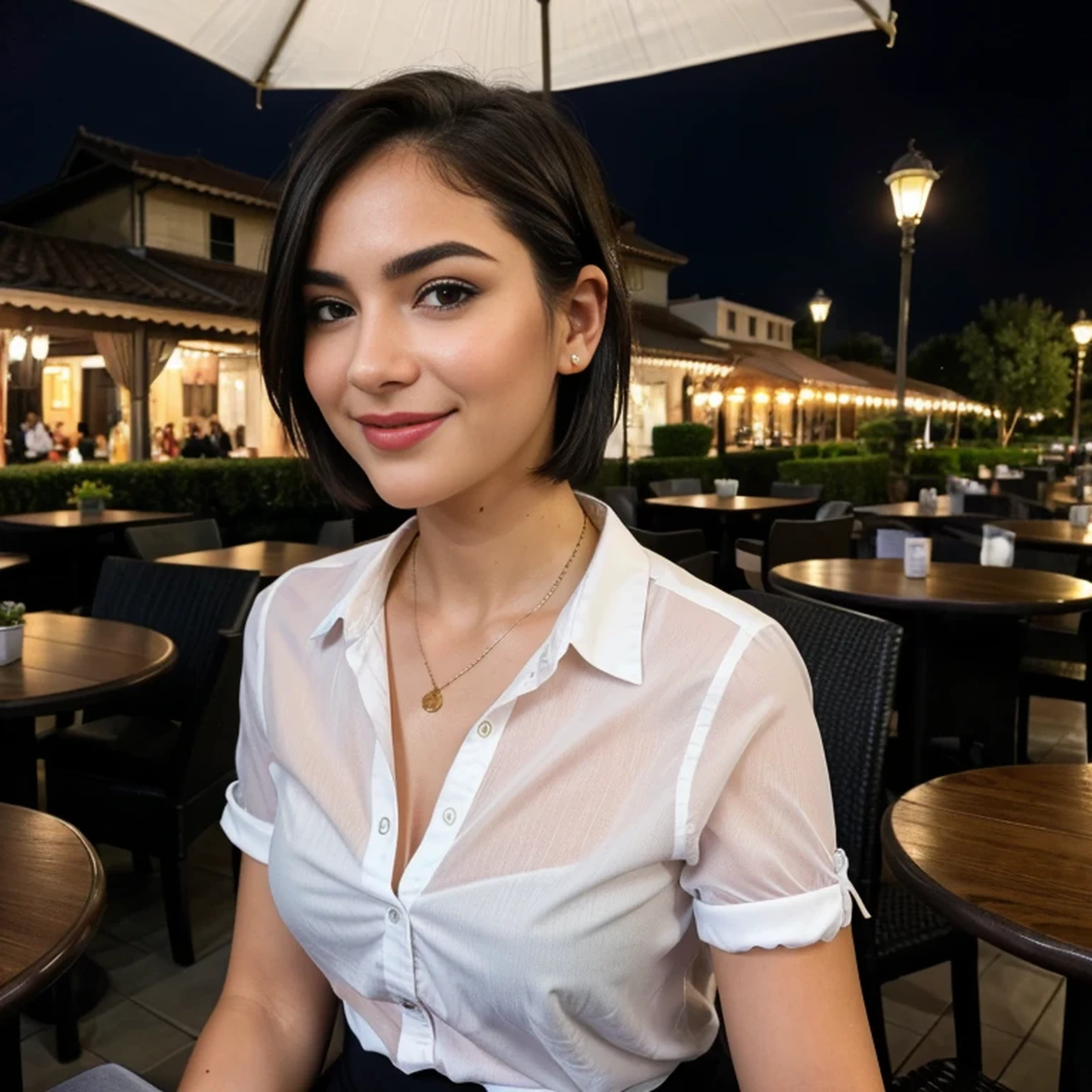 (8k, best quality, masterpiece:1.2), (realistic, photo-realistic:1.37), ultra-detailed,((( 1 girl))),solo,beautiful detailed sky,detailed cafe,night,sitting,dating,(nose blush),(smile:1.15),(closed mouth) small breasts,beautiful detailed eyes,(shirt:1.1), night, wet, rain,white lace, (short hair:1.2),floating hair NovaFrogStyle, ((full body)),stand, sexy, cute