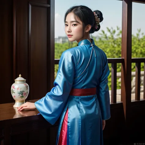 1girl.solo,hanfu,chinese clothing,(backside:1.2),photograph, masterpiece, photo realism,best quality, super high resolution, raw...