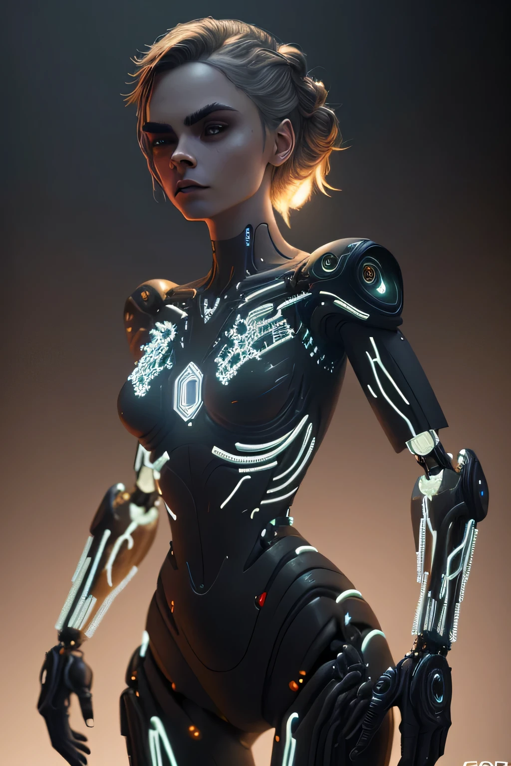Cara Delevingne, Artstation, The body is made of a complex realistic white glow circuit. and the robot parts are covered in sheets of polished obsidian and onyx., Cinematic lighting, photorealistic portrait, unreal engine