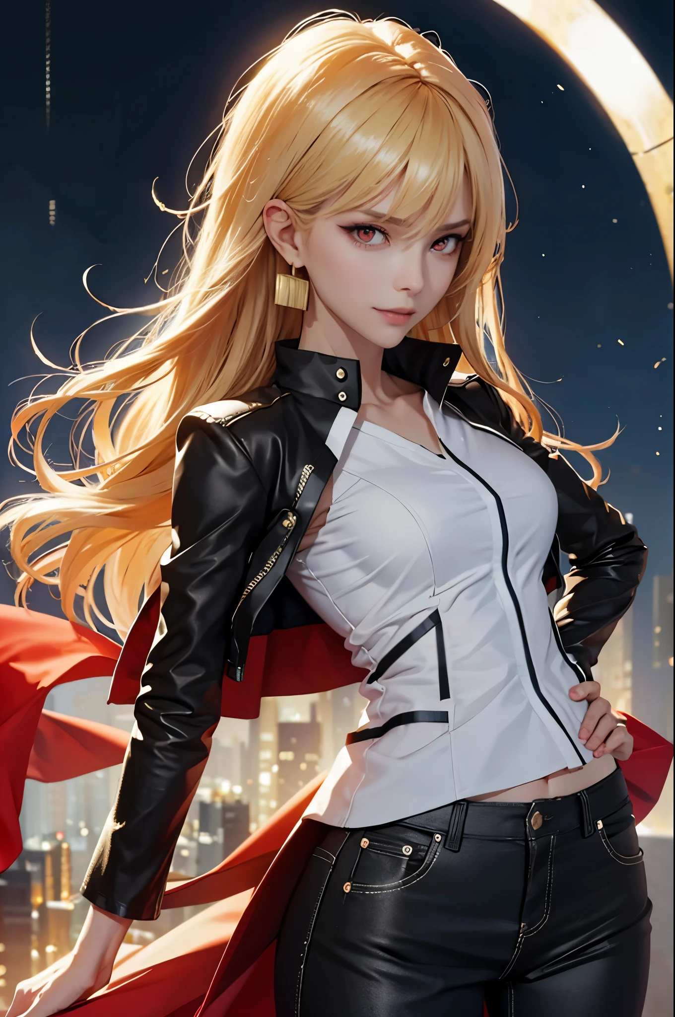 (masterpiece), best quality, expressive eyes, perfect face, highres,  (female body:1.3), gilgamesh girl, GilgameshCasual,1 girl, solo, red eyes, long hair, Blonde hair, brilliant red eyes, finely eye and detailed face, white shirt, black jacket, open jacket, black pants, night city background, smiling, arrogant, standing, portrait, looking at the viewer