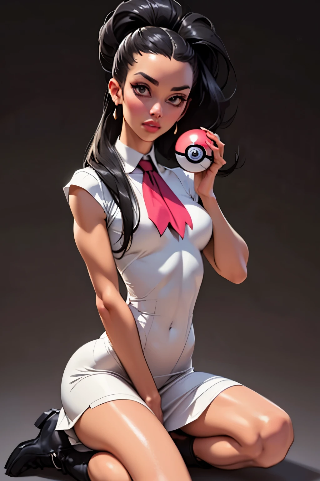 Obra de arte, Gere uma ilustração de uma Roxanne madura, líder de ginásio do pokémon , (vestido cinza claro), alta definição, segurando uma pokébola toda,  de terno preto, lenço rosa,(( cabelo preto comprido)), rabo de cavalo duplo, cabelo brilhante, (seios pequenos:1.2), roupa em formato anime com estilo sério, botas, inventar, Obra de arte, iluminação escura, fundo preto, ((lábios inchados)),(abdômen delgado), rosto bonito,