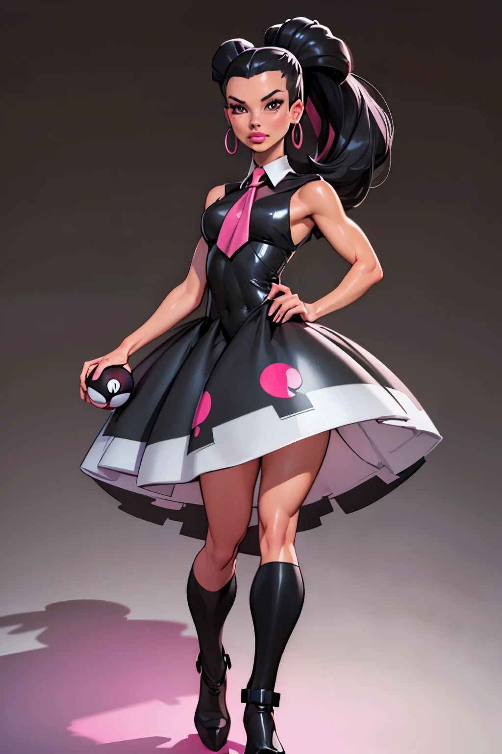 Obra de arte, Gere uma ilustração de uma Roxanne madura, líder de ginásio do pokémon , (vestido cinza claro), alta definição, segurando uma pokébola toda,  de terno preto, lenço rosa,(( cabelo preto comprido)), rabo de cavalo duplo, cabelo brilhante, (seios pequenos:1.2), roupa em formato anime com estilo sério, botas, inventar, Obra de arte, iluminação escura, fundo preto, ((lábios inchados)),(abdômen delgado), rosto bonito,