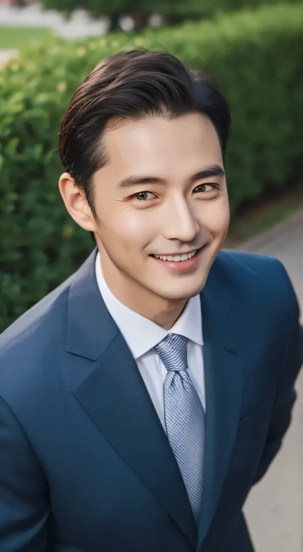 Man Looking At Camera。smil, Up to the top of the chest, Suits, Park background