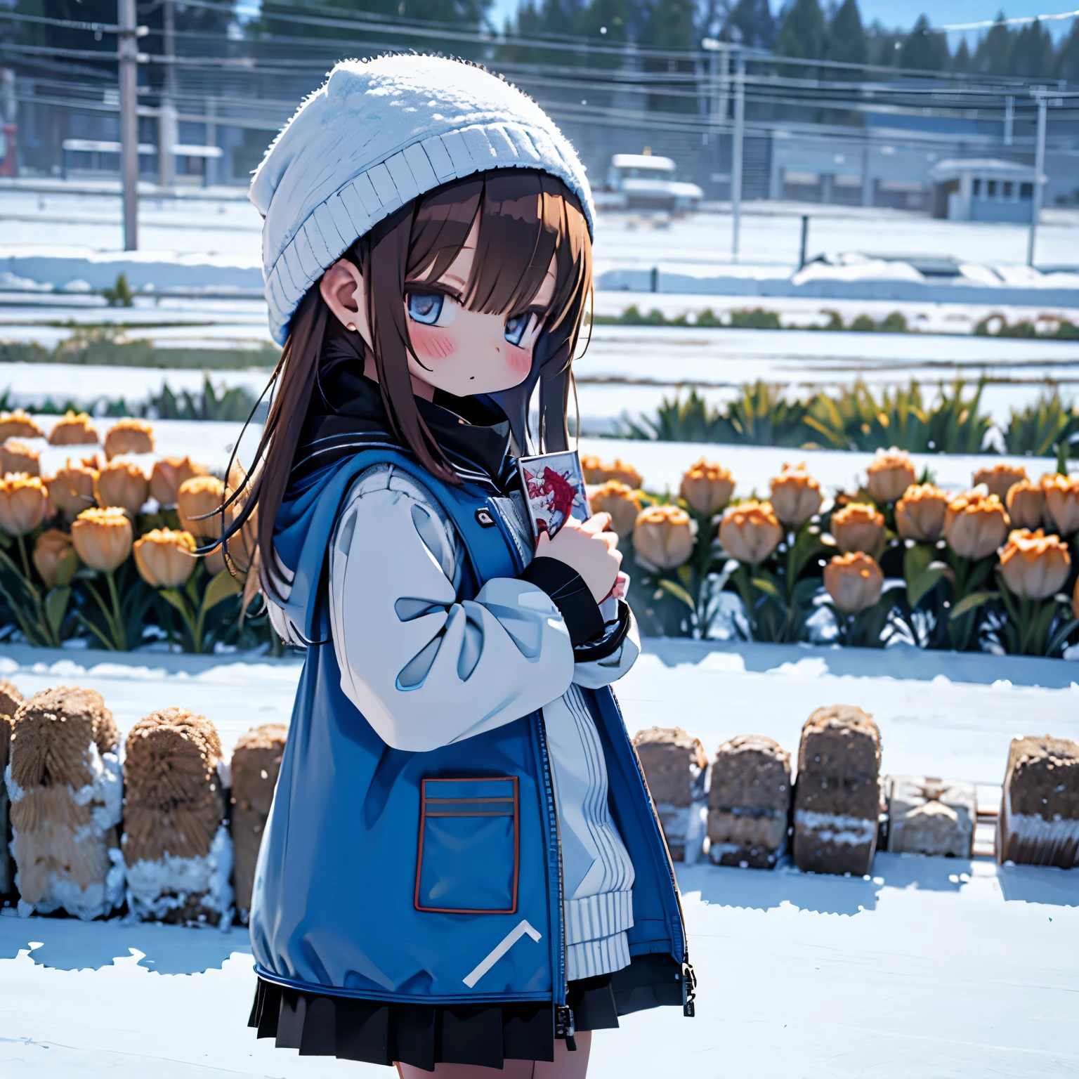 snow field、A girl is giving a present to a scarecrow、It's snowing、Taken from the side