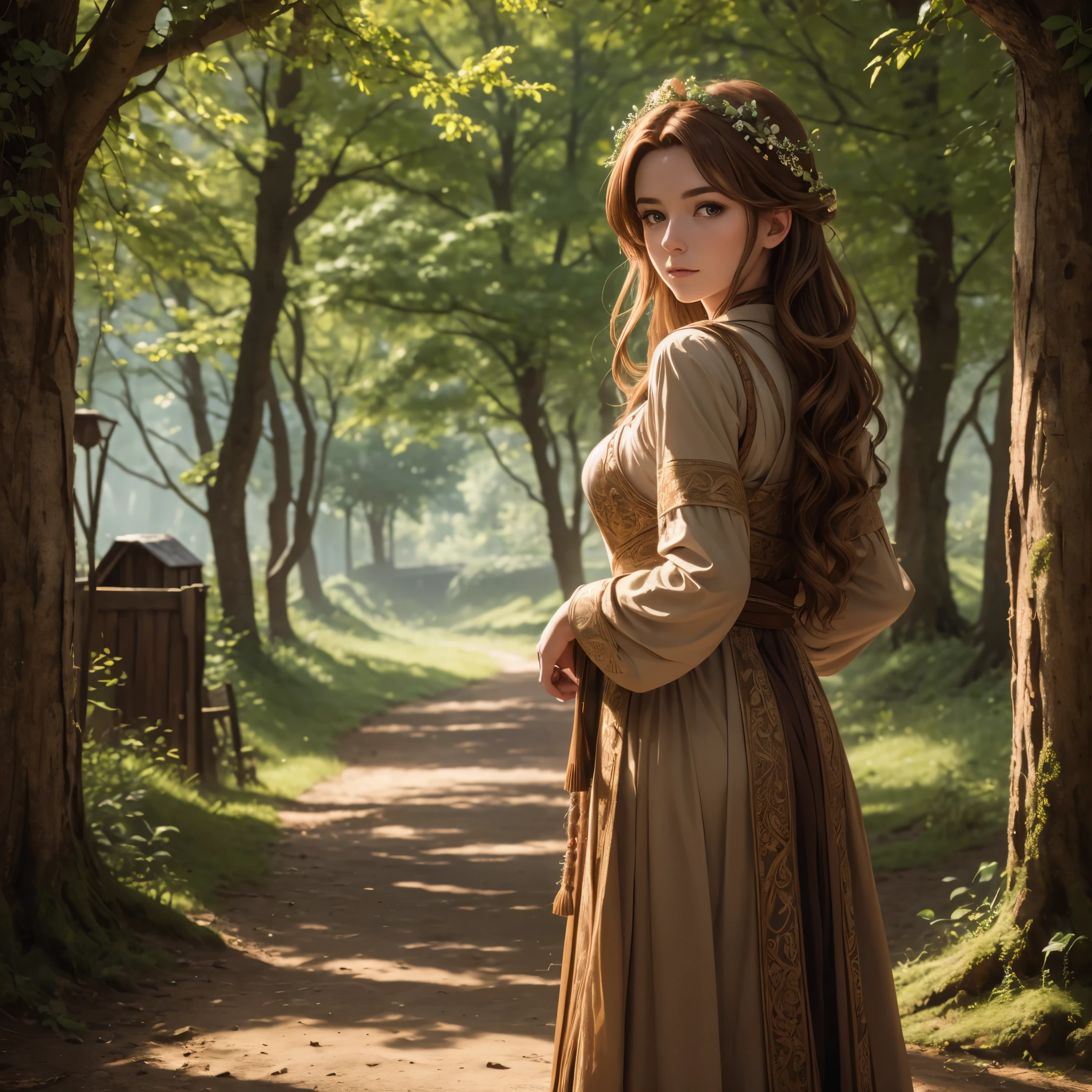 (best quality,4k,8k,highres,masterpiece:1.2),ultra-detailed, 1woman, Celtic goddess Epona, Chestnut brown hair, hazel eyes, druid gown, standing in a barnyard, motherly, posed gently, looking at viewer, seductive eyes, drawn in the style of Yoshitaka Amano, HDR, 8k, absurdres, cinestill 800, sharp focus