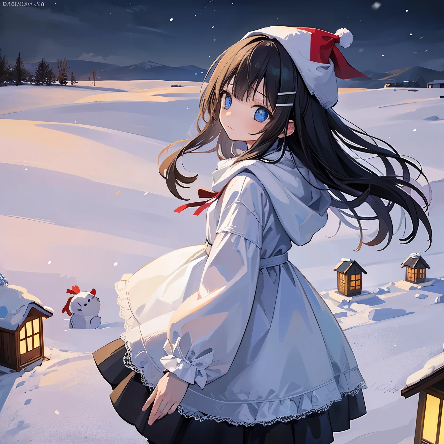 حقل الثلج、فتاة تقدم هدية لفزاعة、إنها تثلج、مأخوذة من الجانب
