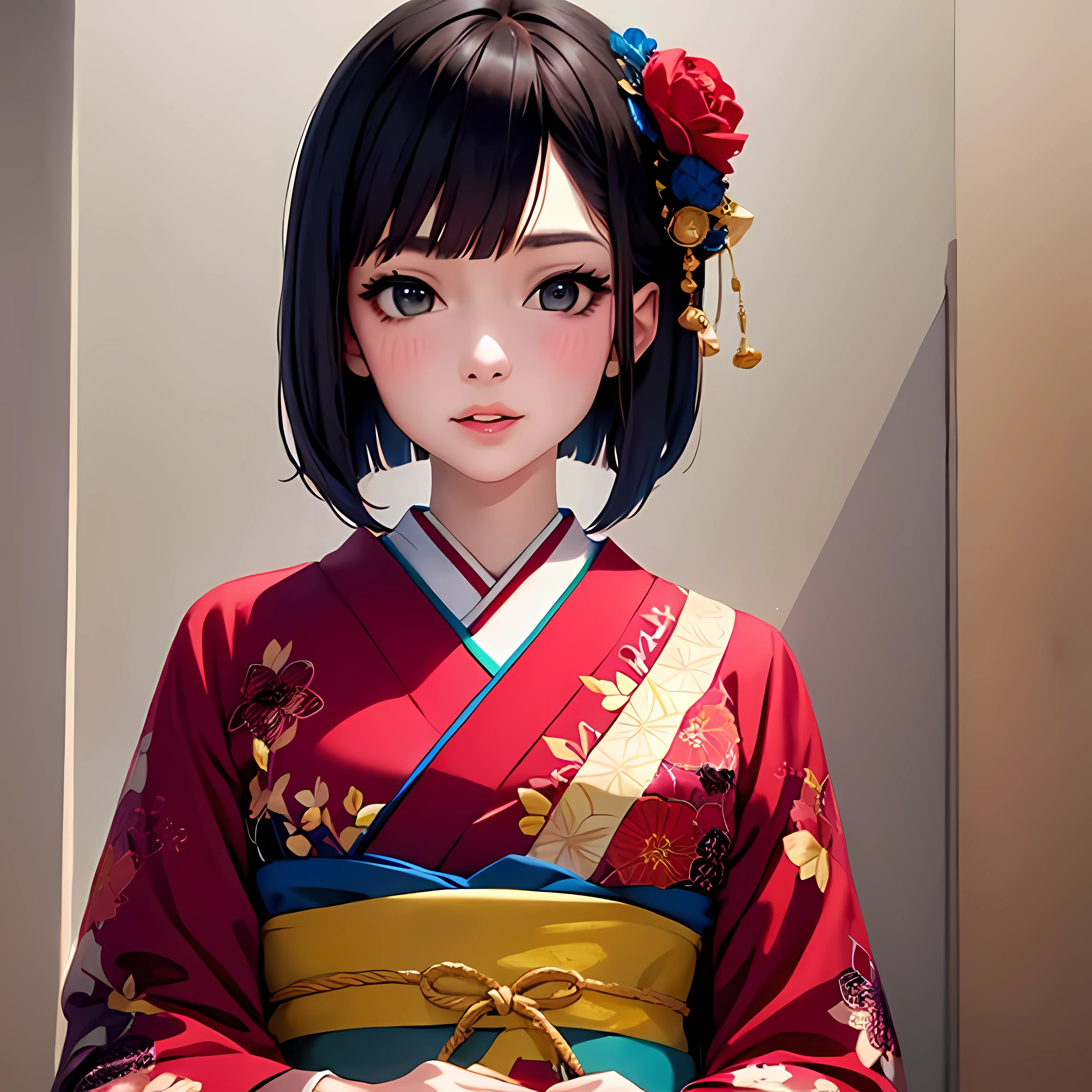 Top Quality, Masterpiece, High Definition, 1girl, Beautiful and Perfect Face, Bob Cut, Japanese Clothing,Kimono, Intricate Details, Cinematic Feel, 8K, Very Detailed