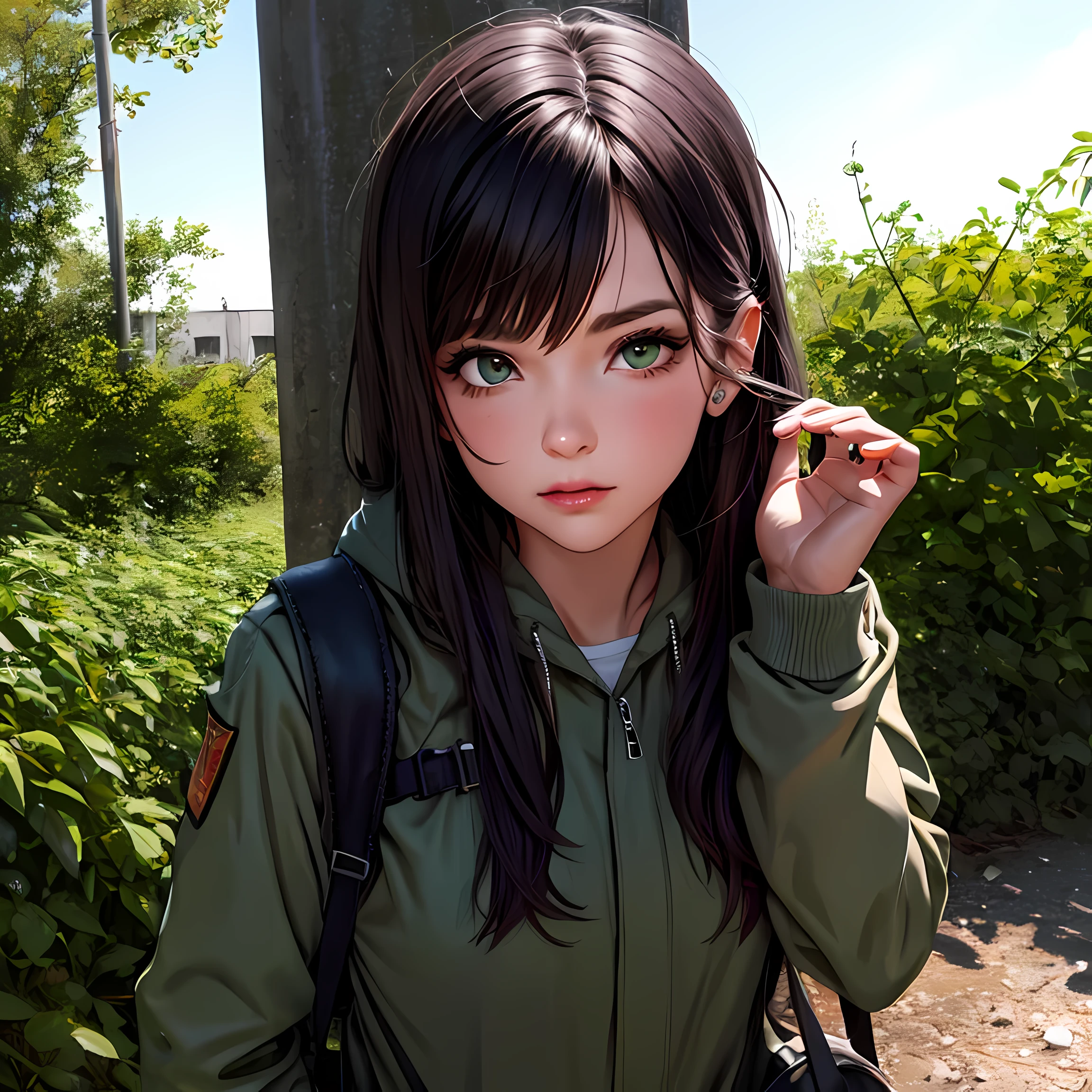 Girl in combenison, Chernobyl exclusion zone, S.T.A.L.K.E.R, purple hair, green eyes, scar above her left eyebrow, unarmed, five fingers on her left hand, five fingers on her right hand, sad.