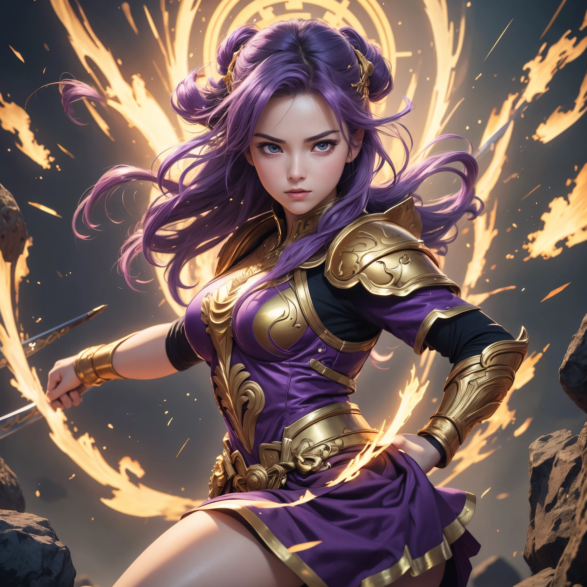 (best quality,4k,8k,highres,masterpiece:1.2),ultra-detailed, 1woman, Greek goddess Athena, purple hair, wearing golden hoplite armor with helmet, attacking pose, wielding a sear, looking at the viewer, wise, impressive, seductive eyes, in front of the Parthenon, drawn in the style of Yoshitaka Amano, HDR, 8k, absurdres, cinestill 800, sharp focus