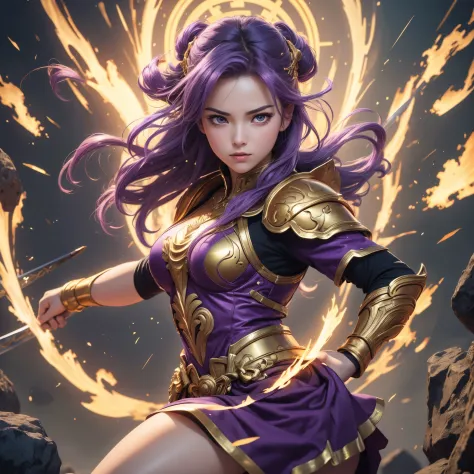 (best quality,4k,8k,highres,masterpiece:1.2),ultra-detailed, 1woman, Greek goddess Athena, purple hair, wearing golden hoplite a...