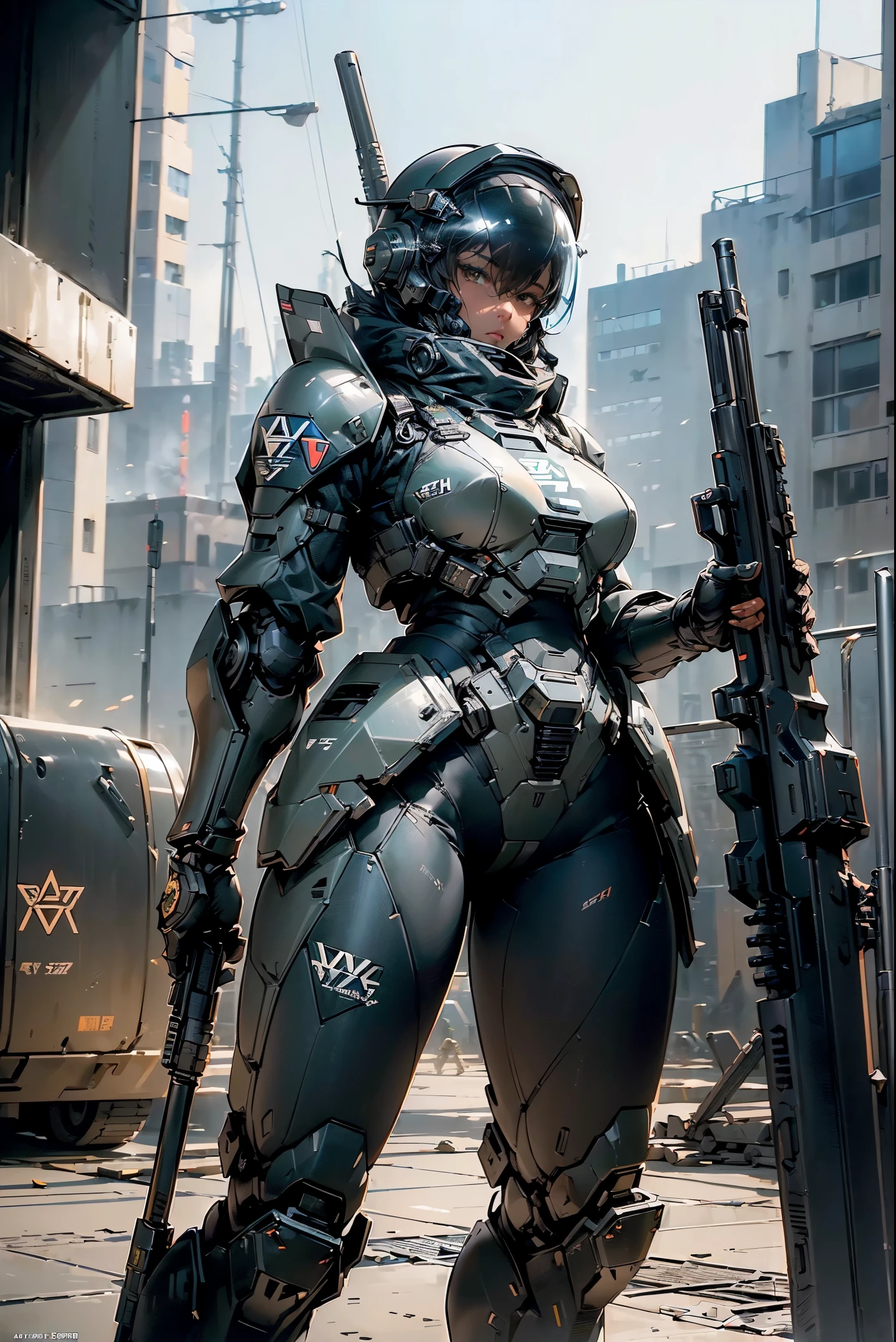 (super fine, extremadamente detallado, un meca pesado, superficie dura),(arte conceptual:1.1),(estilo de núcleo blindado:0.8),Una mujer que lleva la armadura robótica del equipo SWAT está de pie.(cuerpo negro:1.4),(La armadura tiene el logo SWAT..:1.4),(Casco abierto:1.3),(piernas largas:1.1),(Equipado con rifle y escudo.:1.1),(cuerpo recto),(Un ojo detallado:1.1),(Una cara detallada:1.1),(Armas detalladas:1.1),(cuerpo detallado:1.1),(cuerpo completoesbiano:1.4),(El fondo es un área de la ciudad durante la batalla..:1.5),natural