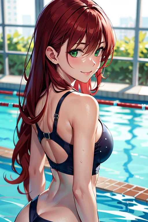 (masutepiece:1.2, Best Quality), (real picture, Intricate details), 1lady, Solo, Upper body, casual, Long hair, Minimal makeup, Natural fabrics, Close-up Face, Smile, school swimming pool, Long red hair, Bangs, Hair bangs, Bangs between the eyes, Green eyes,  Big butt, naked girl red school swimsuit, Tight swimsuit,  Sexy, Detailed