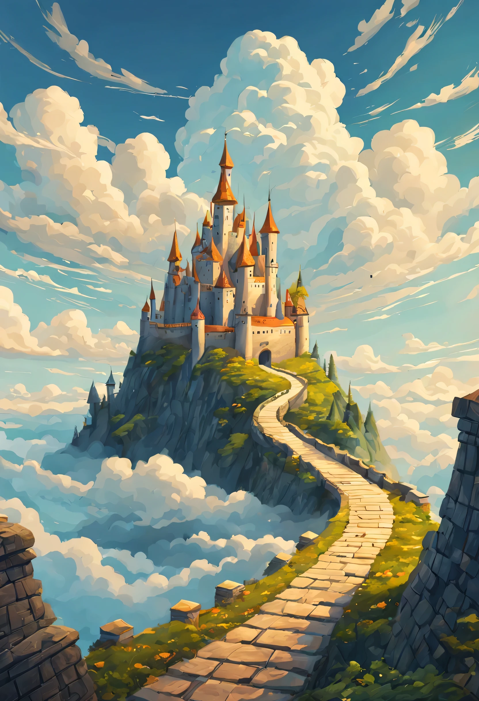 Fantasy, book illustration, endless clouds, a castle with golden roofs flew in the clouds, stone road leads to the sky
