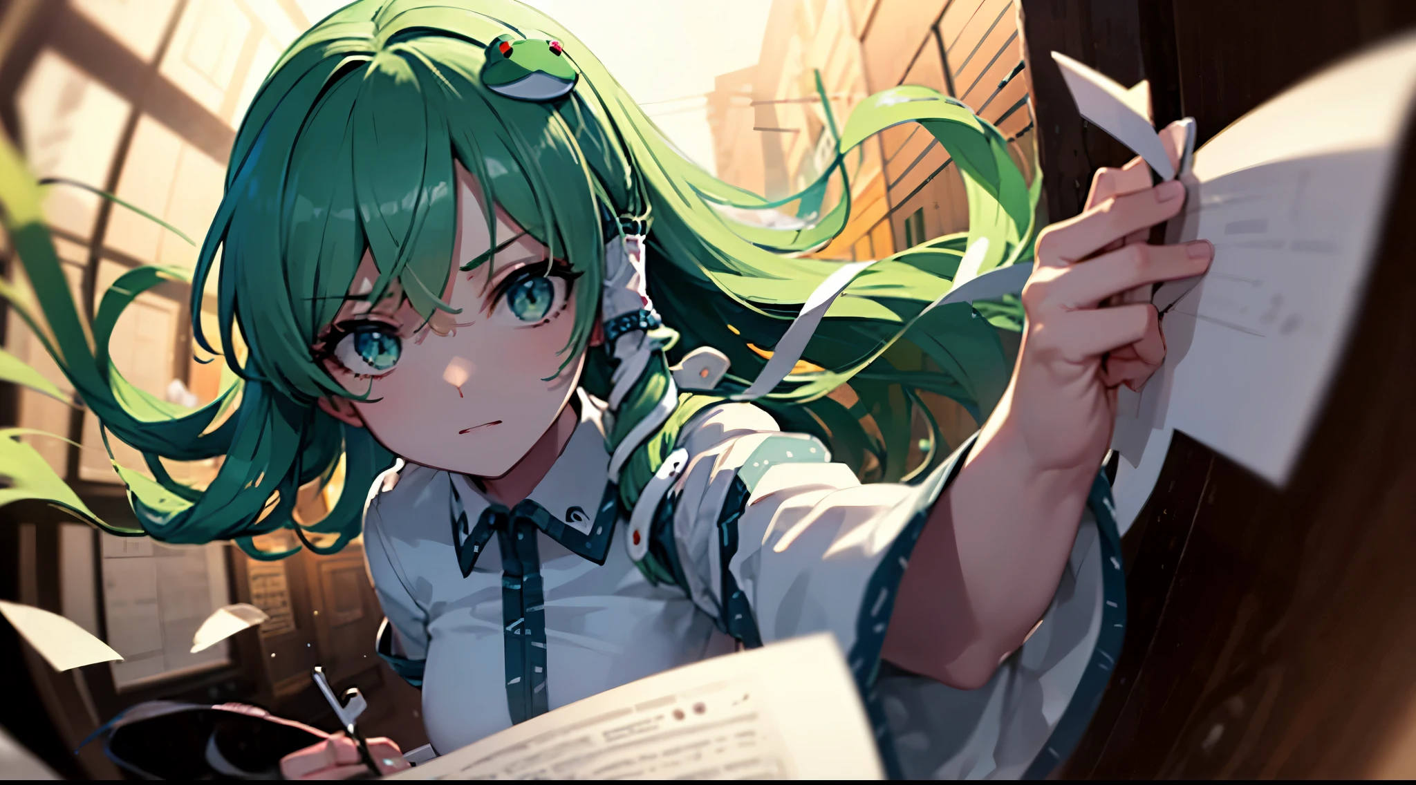 best quality,ultra-detalhado,Unity 8k papel de parede,extremamente detalhes CG,Pele super detalhada,circunstanciado,dynamic lighting,belos olhos detalhados,1girl em,Kochiya Sanae,sorrir,cabelo longo verde,olhos verdes,ornamento do cabelo do sapo, tubos de cabelo,cobra,mangas destacadas,camisa,saia longa,Folhas de outono