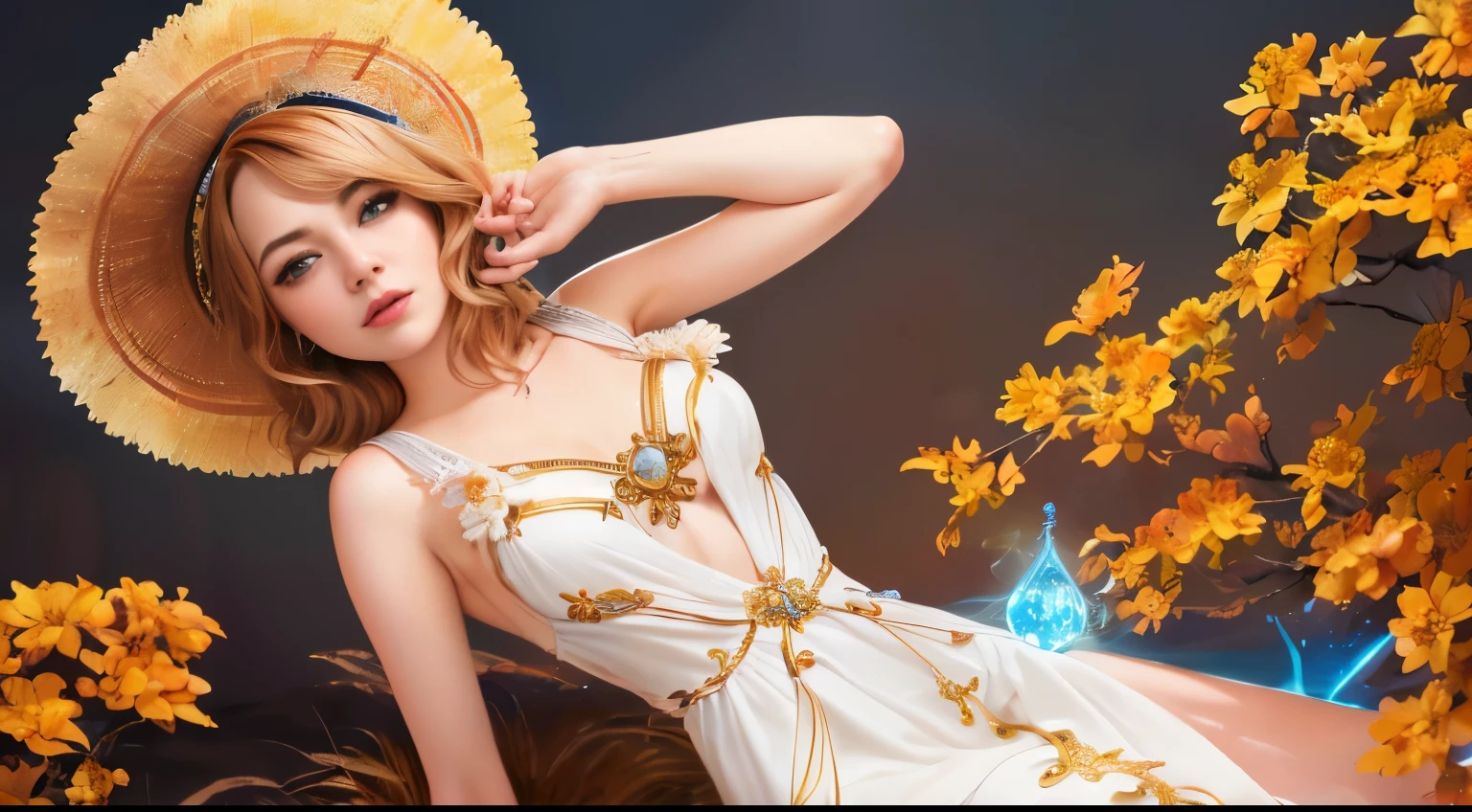 1 girl "Emma Stone com vestido vinholongo", （Jogo King Card:1.5, simetria rotacional),Stephen Gammell,(cowboy shot), Minimalist compositions, requintada armadura de cristal，Fio Eletroluminescente, faiscas magicas, enchanted magical fantasy. Peach Blossom Land, heaven, Jogo CG, Hand Painted Style, 8k, Ultra HD, arte digital conceitual, Azure azul e cinza,(Very detailed, Reasonable design, linhas claras, alta nitidez, melhor qualidade, master part, 4k ).