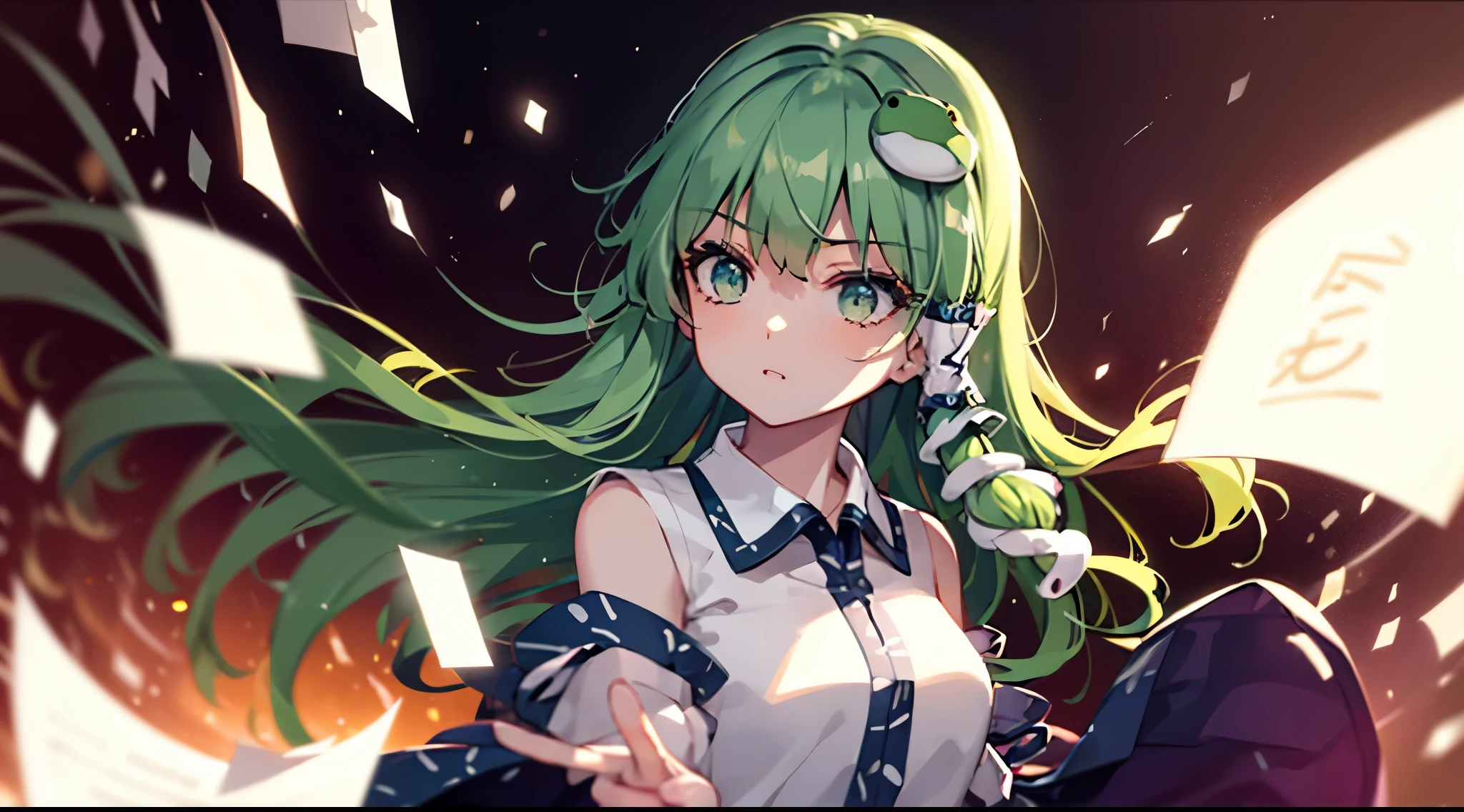 best quality,ultra-detalhado,Unity 8k papel de parede,extremamente detalhes CG,Pele super detalhada,circunstanciado,dynamic lighting,belos olhos detalhados,1girl em,Kochiya Sanae,sorrir,cabelo longo verde,olhos verdes,ornamento do cabelo do sapo, tubos de cabelo,cobra,mangas destacadas,camisa,saia longa,Folhas de outono