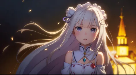 re:zero new season, medieval town, detailed, masterpiece, 8k, (emilia), (hair fluttering in the wind), gray hair, hair flower, b...