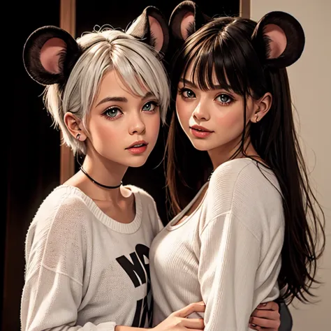 Twins, mouse girls, short fluffy white hair, big round mouse ears, white sweaters, holding hands, ((dark brown eyes)), couple, b...