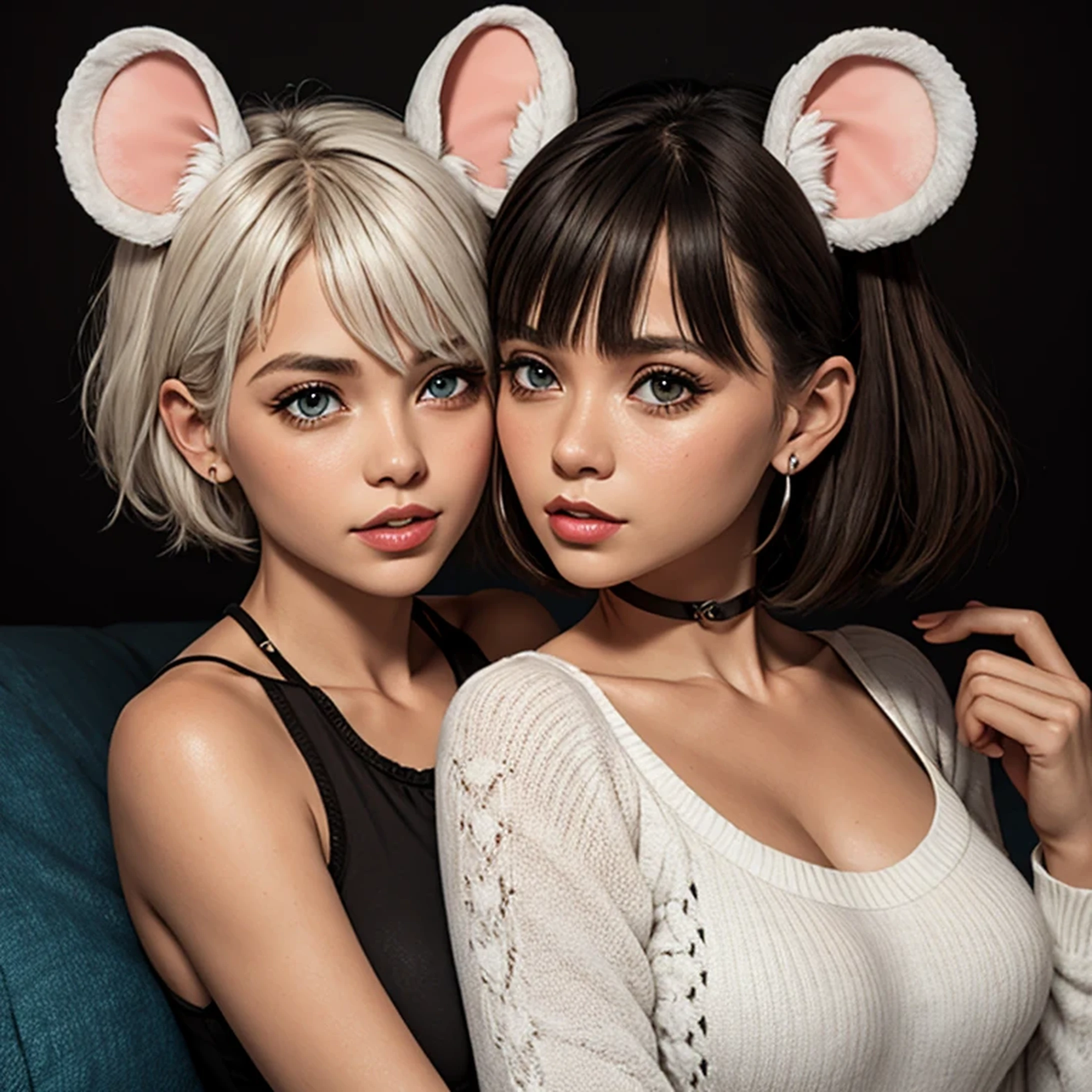 Twins, mouse girls, short fluffy white hair, big round mouse ears, white sweaters, holding hands, ((dark brown eyes)), couple, beautiful, glossy lips, detailed eyes