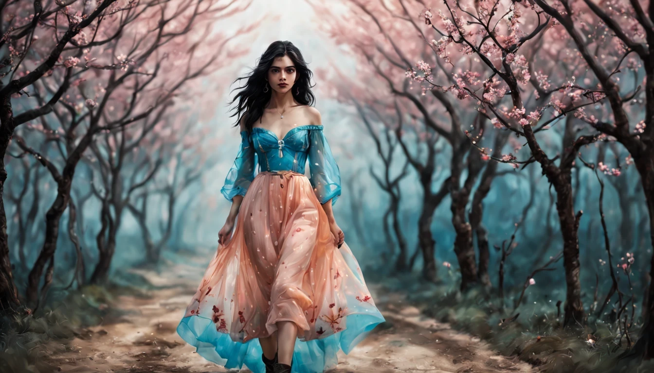 1 girl "Shanaya Kapoor com vestido Laranja longo", （Jogo King Card:1.5, simetria rotacional),Stephen Gammell,(cowboy shot), Minimalist compositions, requintada armadura de cristal，Fio Eletroluminescente, magic sparks, enchanted magical fantasy. Peach Blossom Land, heaven, Jogo CG, Hand Painted Style, 8k, Ultra HD |, arte digital conceitual, Azure azul e cinza,(Very detailed, Reasonable design, linhas claras, Alta nitidez, melhor qualidade, master part, 4k ).