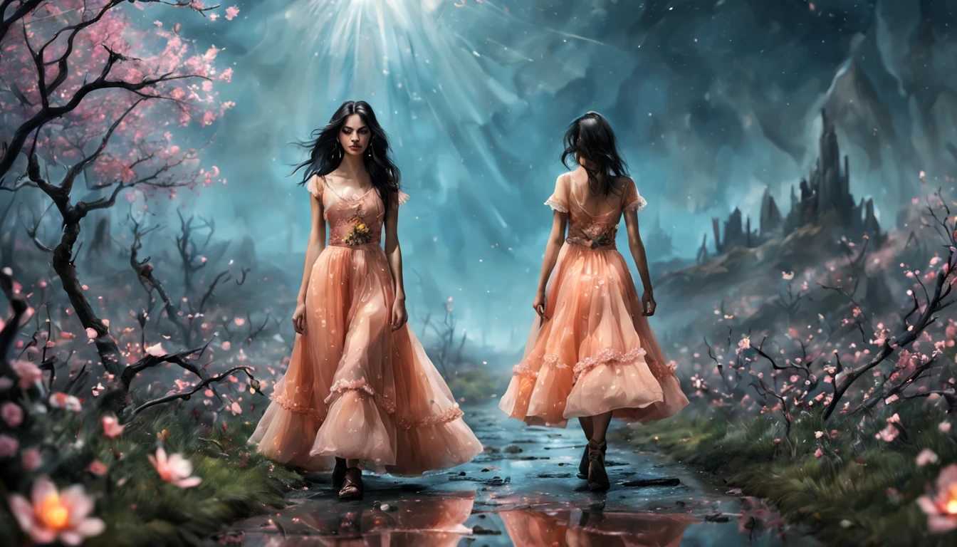 1 girl "Shanaya Kapoor com vestido Laranja longo", （Jogo King Card:1.5, simetria rotacional),Stephen Gammell,(cowboy shot), Minimalist compositions, requintada armadura de cristal，Fio Eletroluminescente, magic sparks, enchanted magical fantasy. Peach Blossom Land, heaven, Jogo CG, Hand Painted Style, 8k, Ultra HD |, arte digital conceitual, Azure azul e cinza,(Very detailed, Reasonable design, linhas claras, Alta nitidez, melhor qualidade, master part, 4k ).