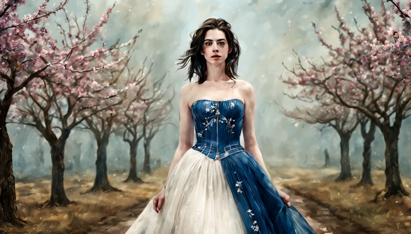 1 名女孩 "安妮·海瑟薇 (Anne Hathaway) 身穿白色和深蓝色长裙", （国王卡牌游戏:1.5, 旋转对称),斯蒂芬·加梅尔,(牛仔射击), 极简主义构图, 精致的水晶铠甲，电致发光线, 魔法火花, 魔法 魔幻 幻想. 桃花源, 天堂, CG游戏, 手绘风格, 8千, 超高清 |, 概念数字艺术, 天蓝色和灰色,(非常详细, 合理设计, 线条清晰, 高清晰度, 更好的质量, 主部件, 4k ).